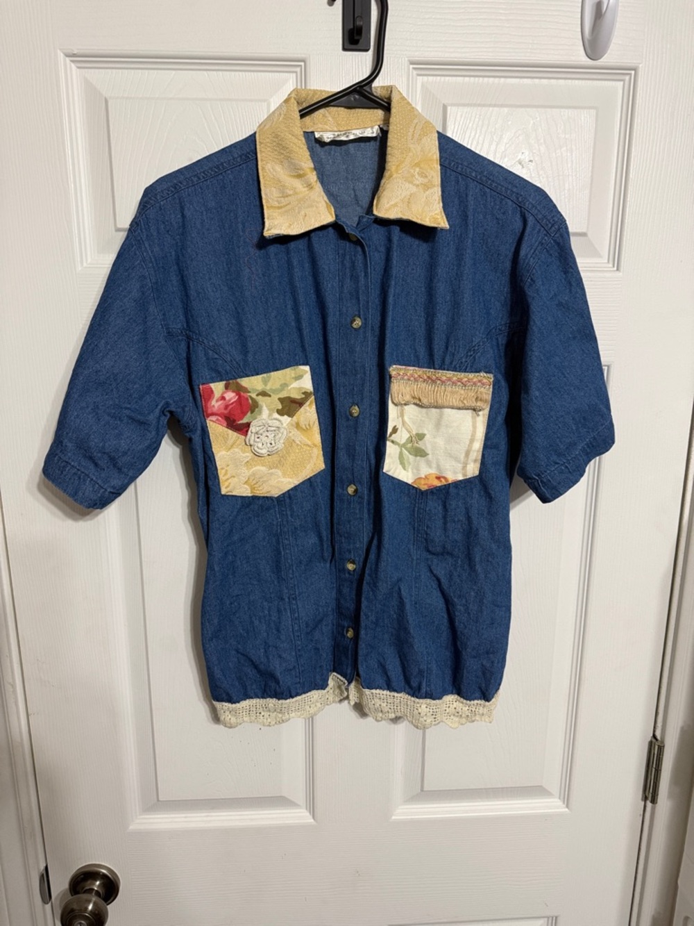 Denim Short-Sleeve Button-Down Shirt with Yellow Floral Accents